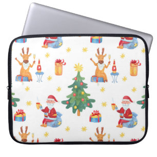 Capa Para Notebook Árvores de Natal, Papais noeis: padrão de aquarela