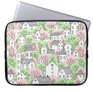 Capa Para Notebook Árvores e casas com padrão uniforme. Primavera e s