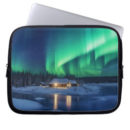 Capa Para Notebook Aurora borealis sobre a cabana de inverno