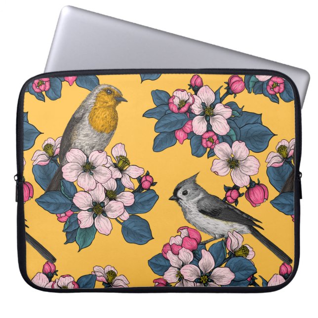 Capa Para Notebook Aves e Blossomas em amarelo (Frente)