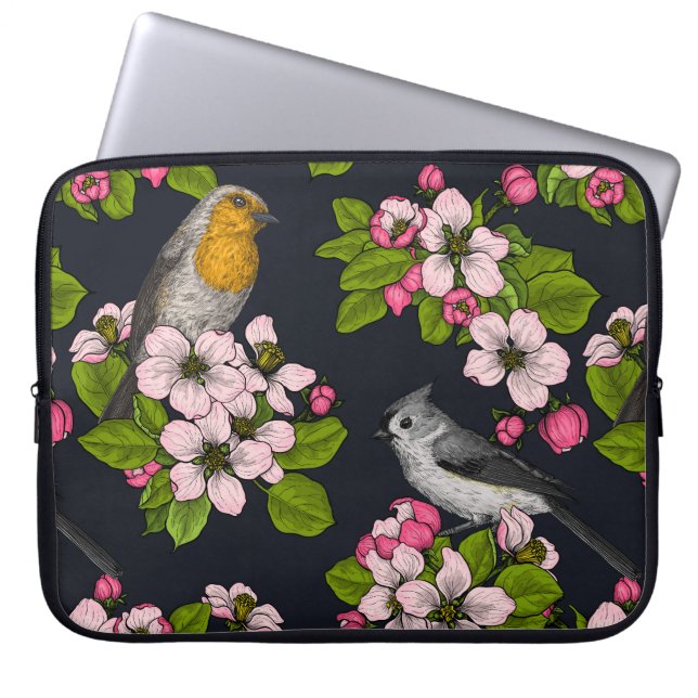Capa Para Notebook Aves e Blossomas em preto (Frente)