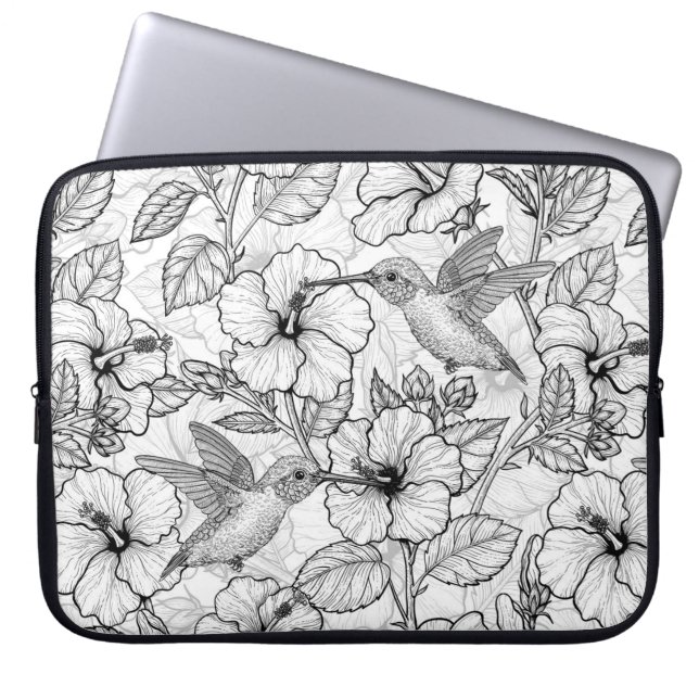 Capa Para Notebook Aves e flores de hibisco b&w (Frente)
