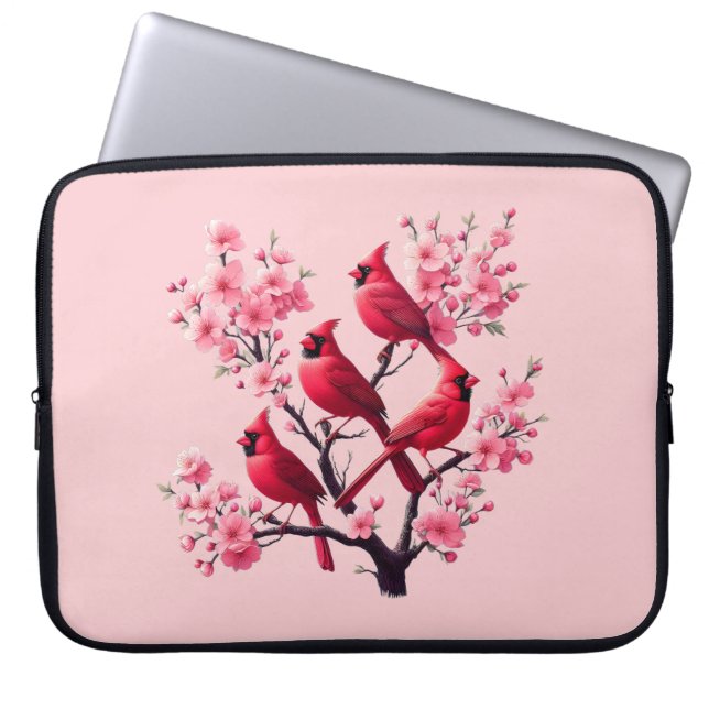 Capa Para Notebook Aves Vermelhas Cardinas, Pássaros de Árvores Rosa- (Frente)