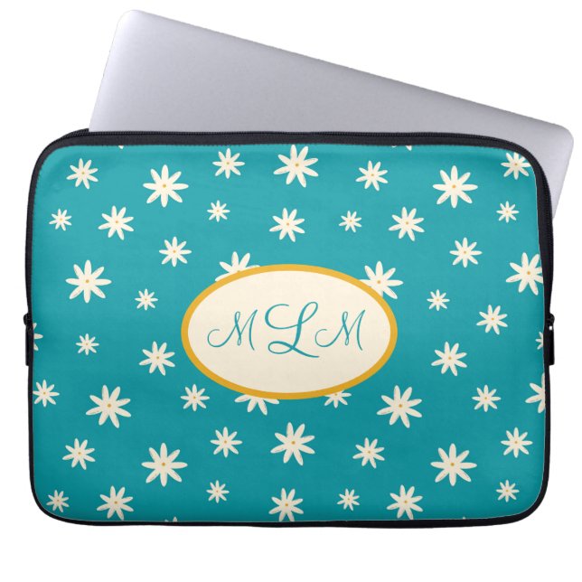 Capa Para Notebook Azul Boho Daisy Monograma Personalizado (Frente)
