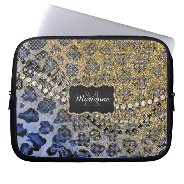 Capa Para Notebook Azul, Dourado Leopardo, Impressão da Largura (Frente)