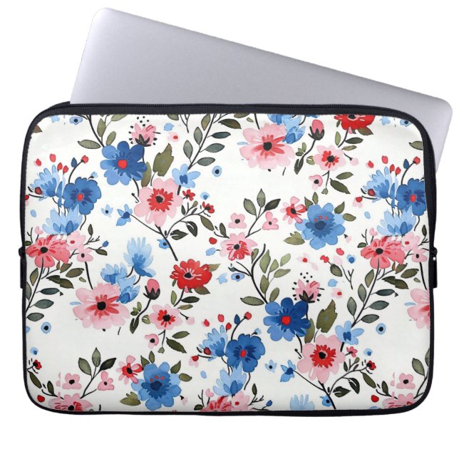 Capa Para Notebook Azul e Floral Vermelho (Frente)