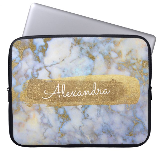Capa Para Notebook Azul e mármore com folha dourada e reluz (Frente)
