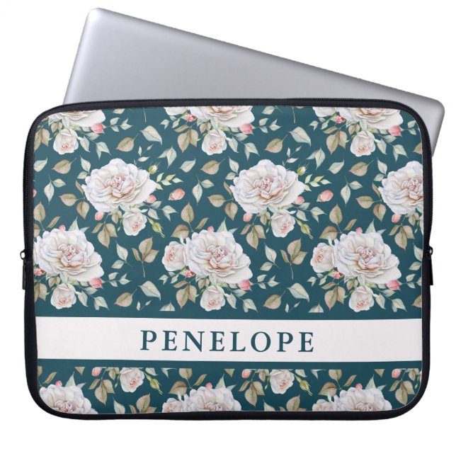 Capa Para Notebook Azul Escuro com Floral e Nome (Frente)