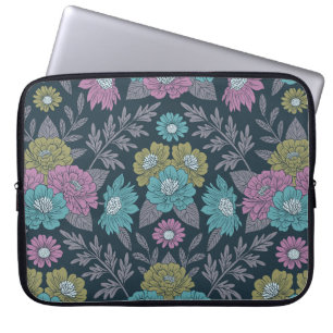 Capa Para Notebook Azul Escuro, Verde e Floral Púrpura