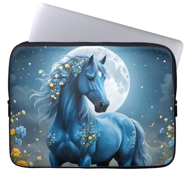 Capa Para Notebook Azul Fantasia Flores de Lua de Cavalo Mágico, (Frente)
