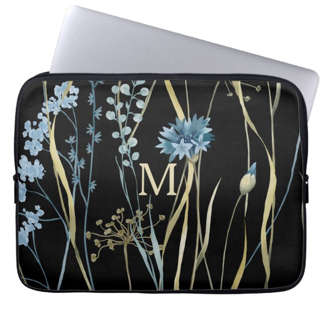 Capa Para Notebook Azul floral monograma e Dourado a preto (Frente)