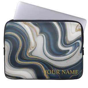 Capa Para Notebook Azul Marinho Moderno e Mármore Líquido Dourado