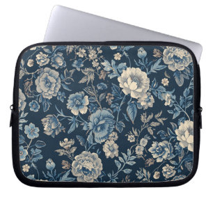 Capa Para Notebook Azul Marinho Padrão Botânico Floral Vintage