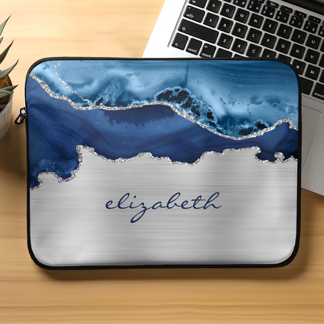 Capa Para Notebook Azul Naval Moderno Prata Ágata Metálico (Criador carregado)