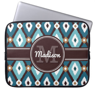 Capa Para Notebook Azul Teal / Mocha Brown Boho Ikat Diamond Padrão
