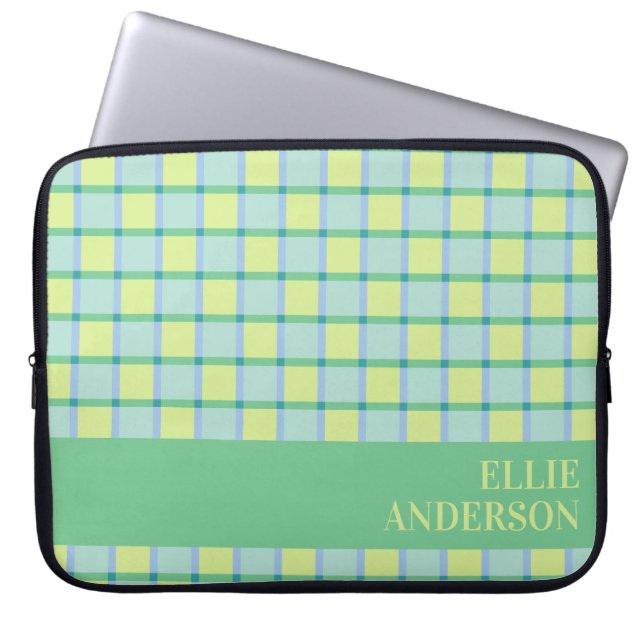 Capa Para Notebook Azul Verde Lima Xadrez Moderno Personalizado  (Frente)