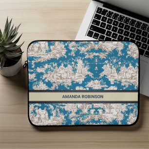 Capa Para Notebook Azul Vintage Turquesa Toile de Jouy Monograma