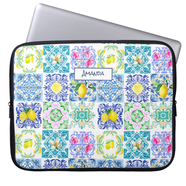 Capa Para Notebook Azulejos do Mediterrâneo Chic Sicilian azulejo Ama (Frente)