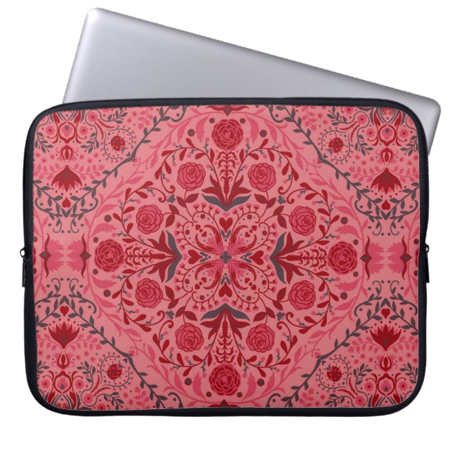 Capa Para Notebook Azulejos florais em vermelho e melancia rosa (Frente)