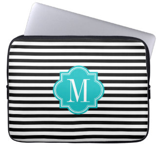 Capa Para Notebook Bandas pretas e brancas com monograma em teal