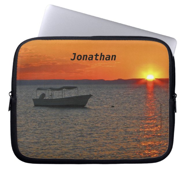 Capa Para Notebook Barco de Pesca, Laranja Sunset, Nome, Computador (Frente)