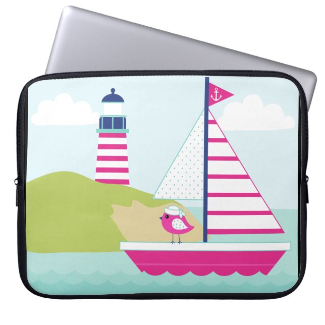 Capa Para Notebook Barco e Farol, cor-de-rosa, (Frente)