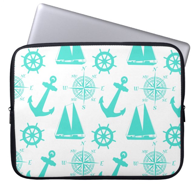 Capa Para Notebook Barco Litoral Náutico Branco Turquesa (Frente)