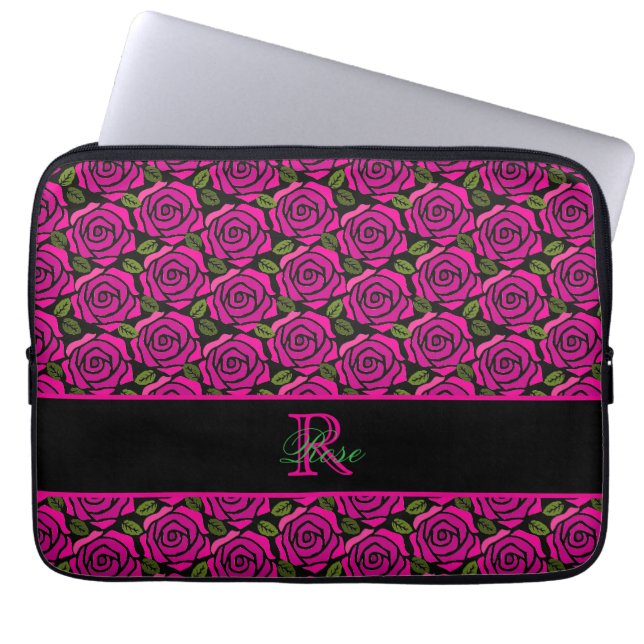 Capa Para Notebook Beautiful Girly Hot Pink Roses Name Monogram  (Frente)
