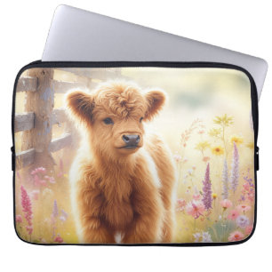 Capa Para Notebook Bebê Adorável Vaca Highland em Campo de Flores