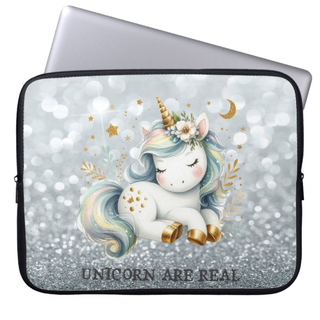 Capa Para Notebook Bebê Unicórnio Brilho Prata Bokeh (Frente)