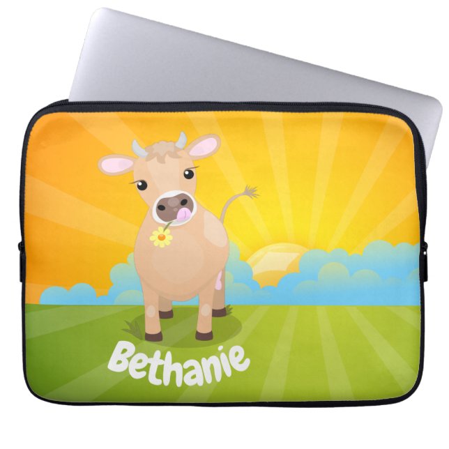 Capa Para Notebook Bela e feliz cartoon de vaca e de nascente (Frente)