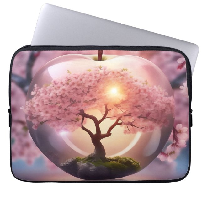 Capa Para Notebook "Beleza Refletora: Maçã De Vidro Com Árvore De Flo (Frente)