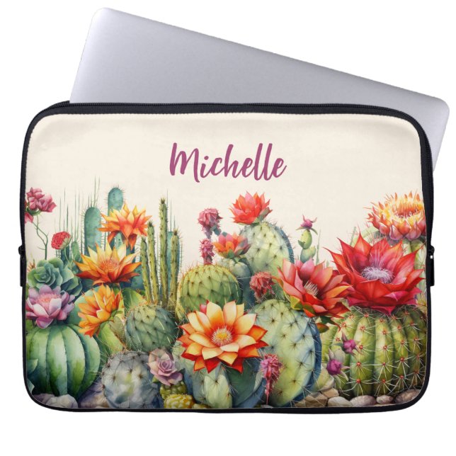 Capa Para Notebook Belos Cactos Floridos Com Nome (Frente)