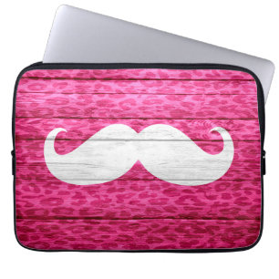 Capa Para Notebook Bigode Branco em Madeira de Leopardo Rosa Quente