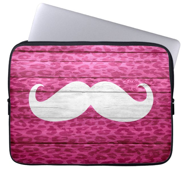 Capa Para Notebook Bigode Branco em Madeira de Leopardo Rosa Quente (Frente)
