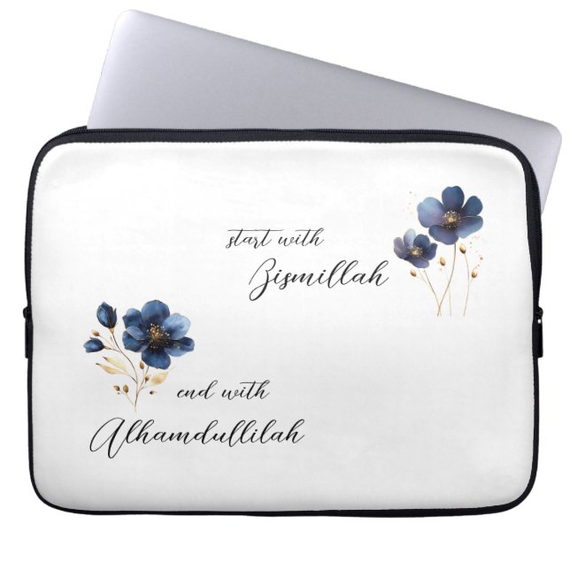 Capa Para Notebook Bismillah Alhamdullilah Navy Dourado Floral (Frente)