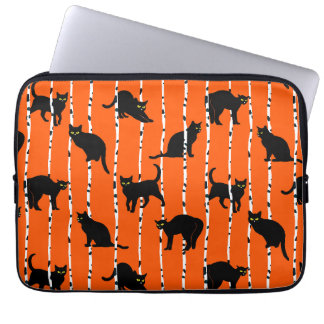 Capa Para Notebook Black Cats and Birch Branches on Vibrant Orange