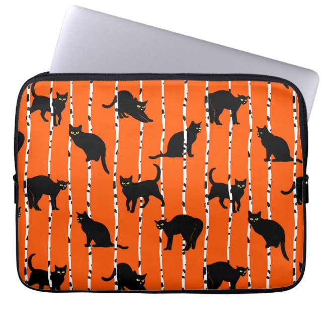 Capa Para Notebook Black Cats and Birch Branches on Vibrant Orange (Frente)