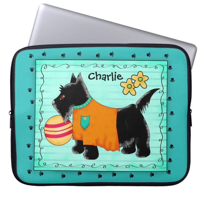Capa Para Notebook Black Scottie Terrier Dog Name Personalizado Teal (Frente)