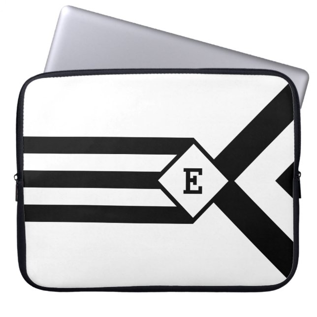 Capa Para Notebook Black Stripes e Chevrons com Monograma em Branco (Frente)
