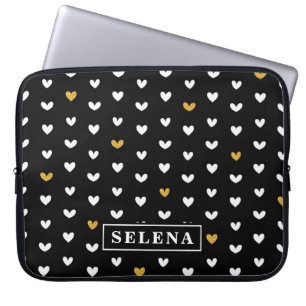 Capa Para Notebook Black White Gold Heart Pattern with Custom Name