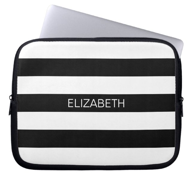 Capa Para Notebook Black White Horiz Preppy Stripe #2 Nome Monograma (Frente)