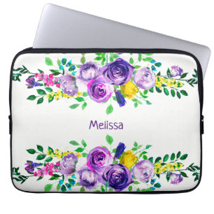 Capa Para Notebook Black & White Stripes & Colorful Peonies Name