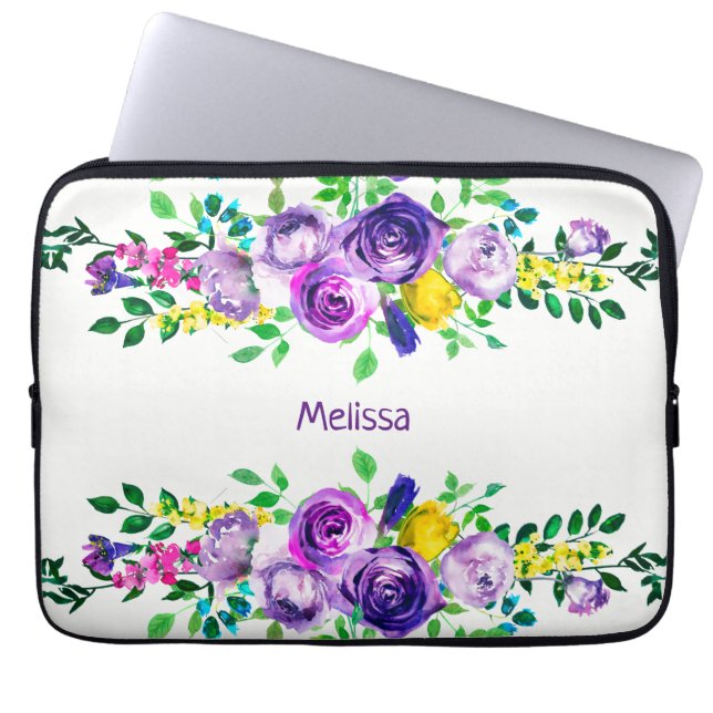 Capa Para Notebook Black & White Stripes & Colorful Peonies Name (Frente)