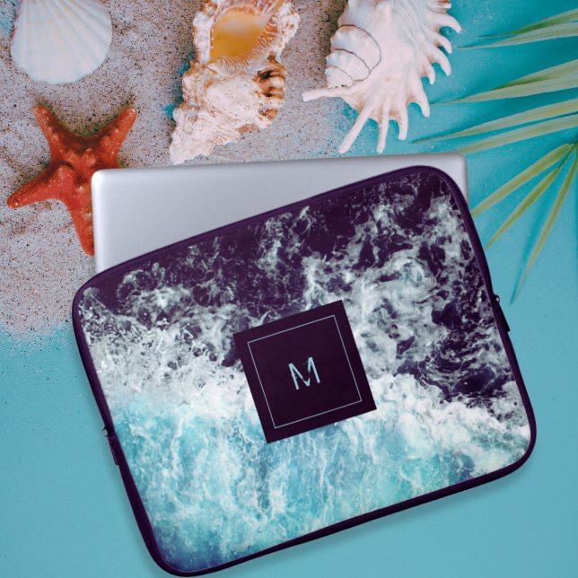 Capa Para Notebook Blue Black Ocean Waves Hawaii Monograma (Criador carregado)