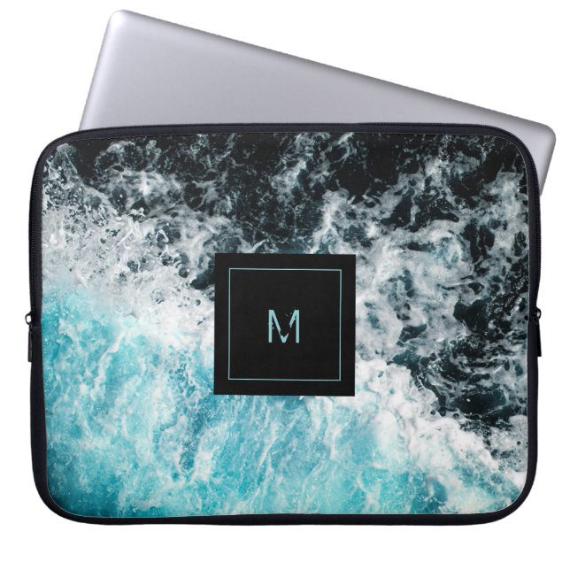 Capa Para Notebook Blue Black Ocean Waves Hawaii Monograma (Frente)