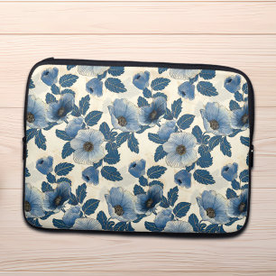 Capa Para Notebook Blue Floral Dourado Glitter Japonês Ukiyo-e