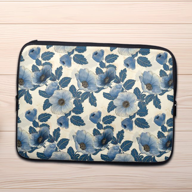 Capa Para Notebook Blue Floral Dourado Glitter Japonês Ukiyo-e (Criador carregado)