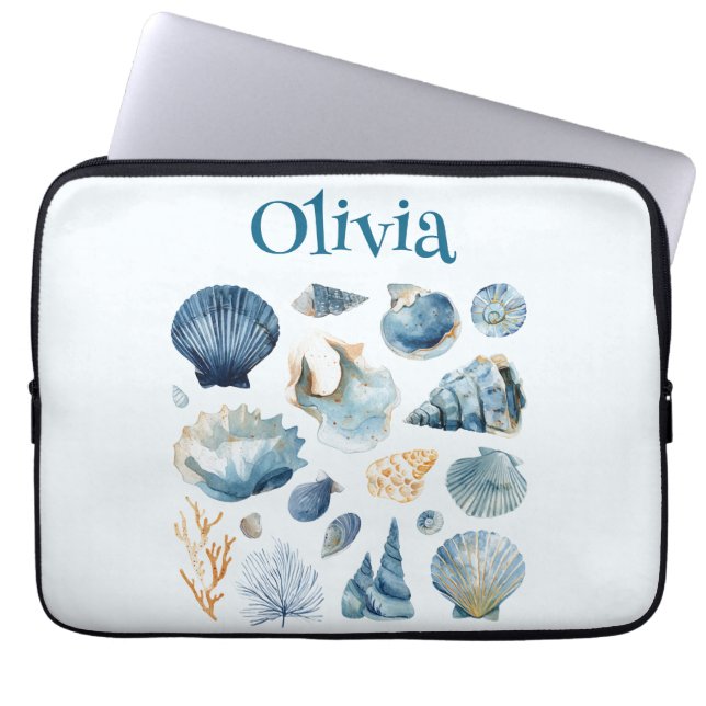 Capa Para Notebook Blue Seashell Laptop Sleeve | Custom Name (Frente)