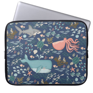 Capa Para Notebook Blue Watercolor sob a arte marinha dos animais